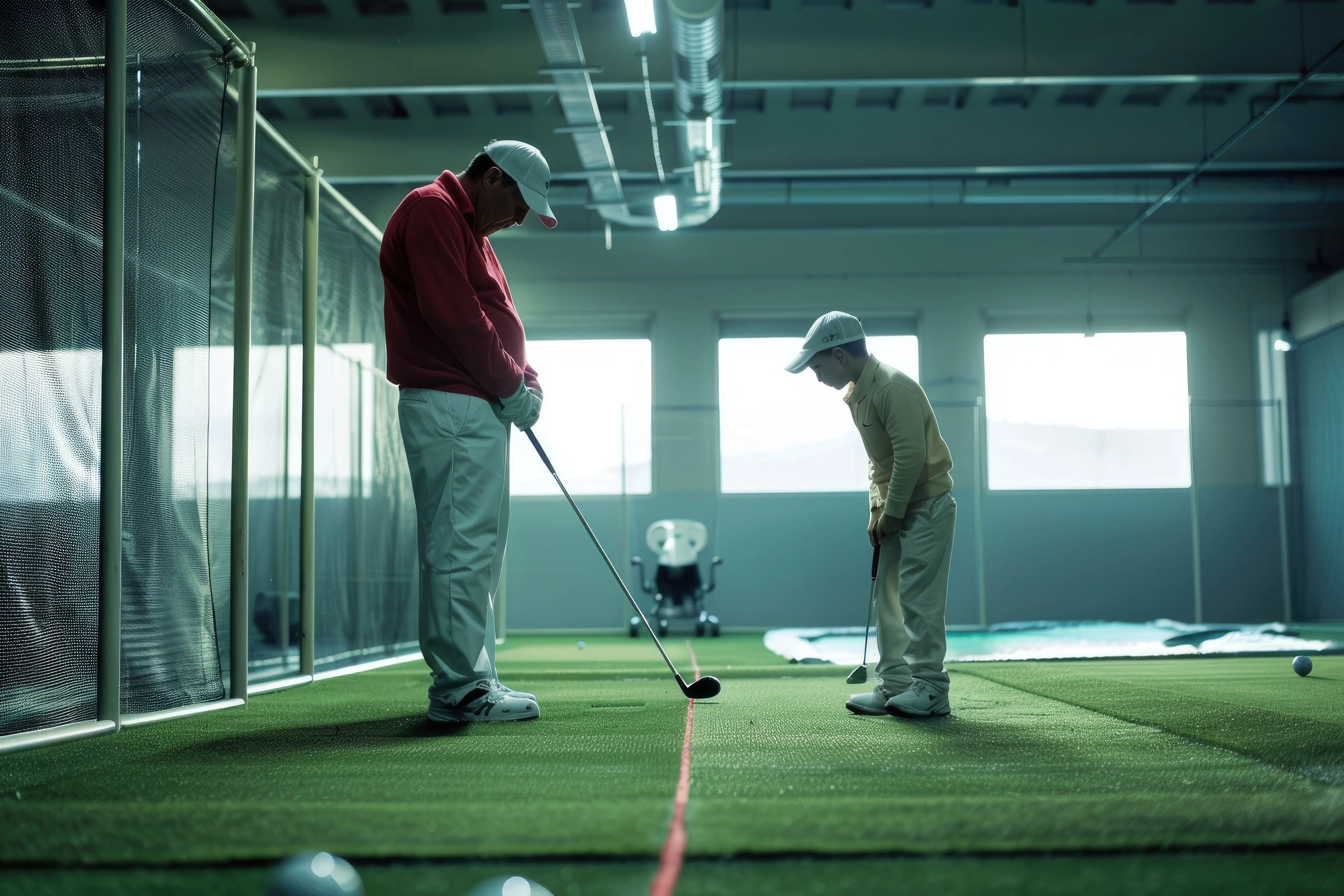 Golf lessons: a golf instructor and a boy practicing at a golf practice range.