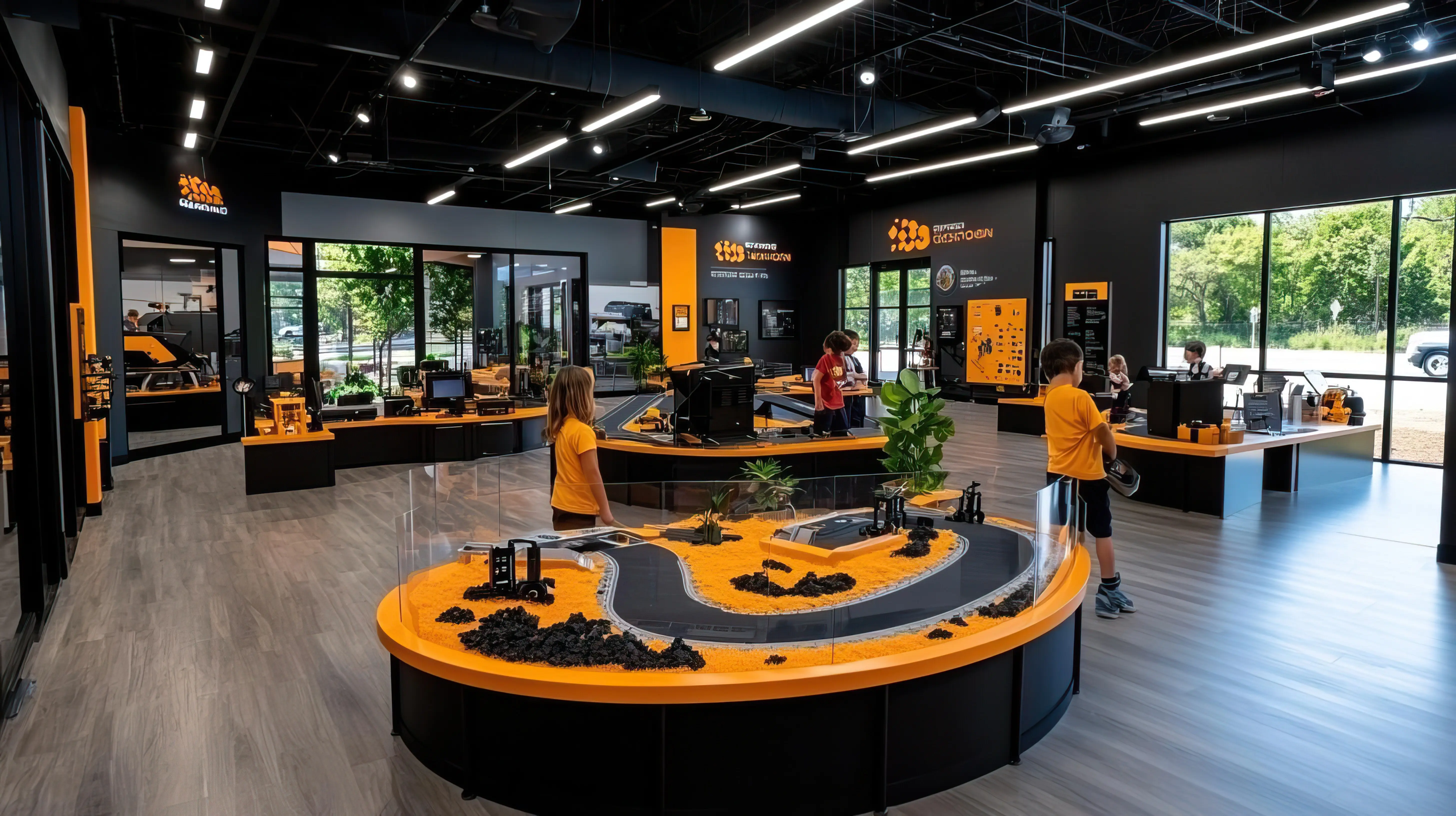 High-angle shot of a career studio where children are actively engaged in role-playing activities within career-themed environments and educational setups.