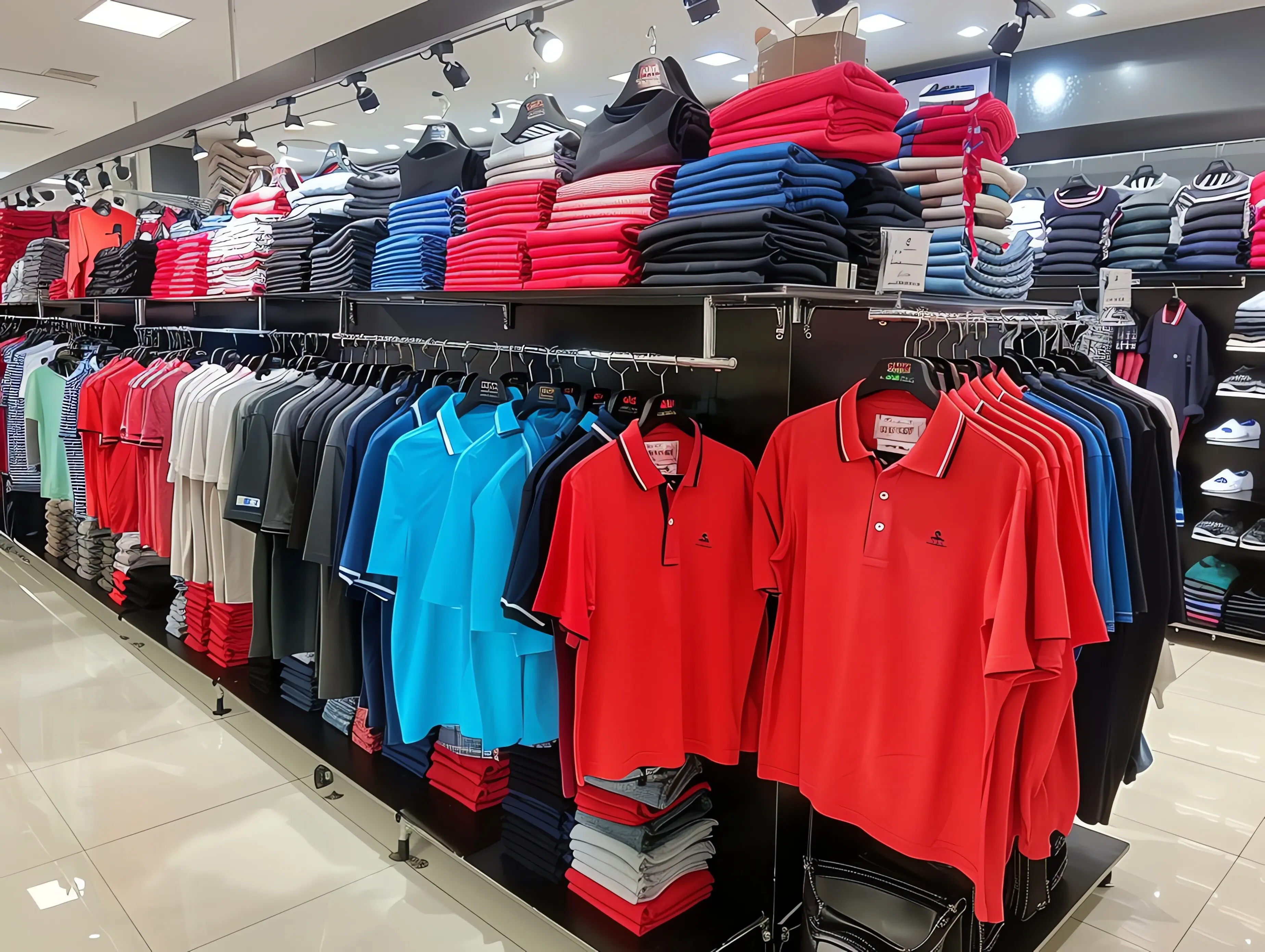 Line of trendy men's polo shirts displayed on a wooden hanger or rack in a boutique retail clothing shop.